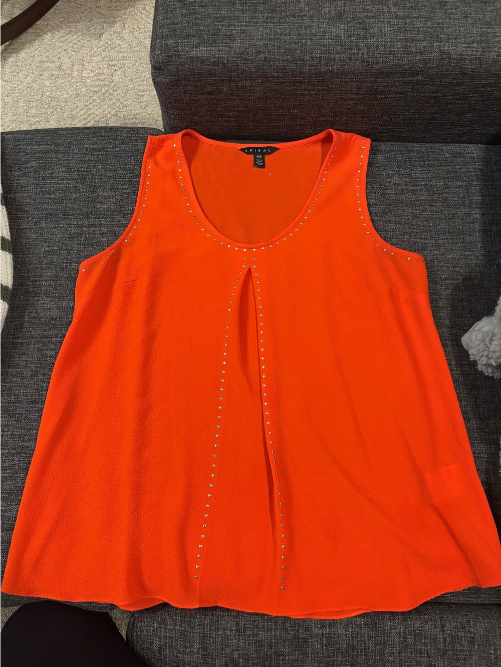 Tribal Bright Orange Stud-Trim Sleeveless Tank